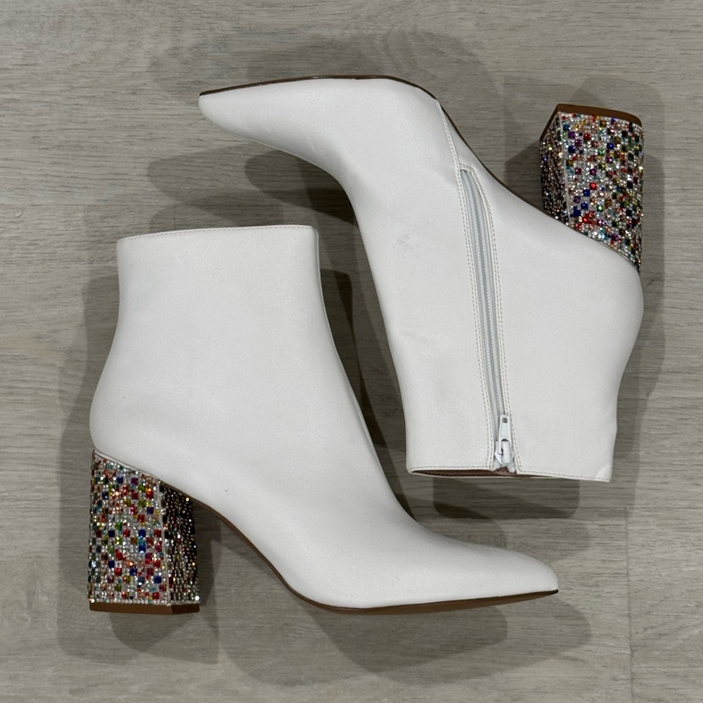 Betsey Johnson White Ankle Boots with Multicolor Jeweled Block Heel